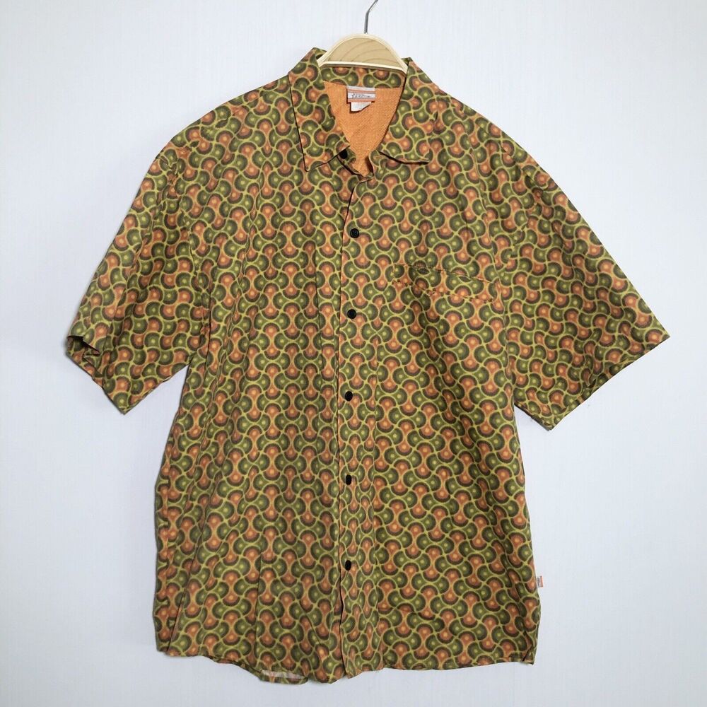 No Fear Shirt Mens Medium Orange Green Vintage USA Hawaiian Short Sleeve Cotton